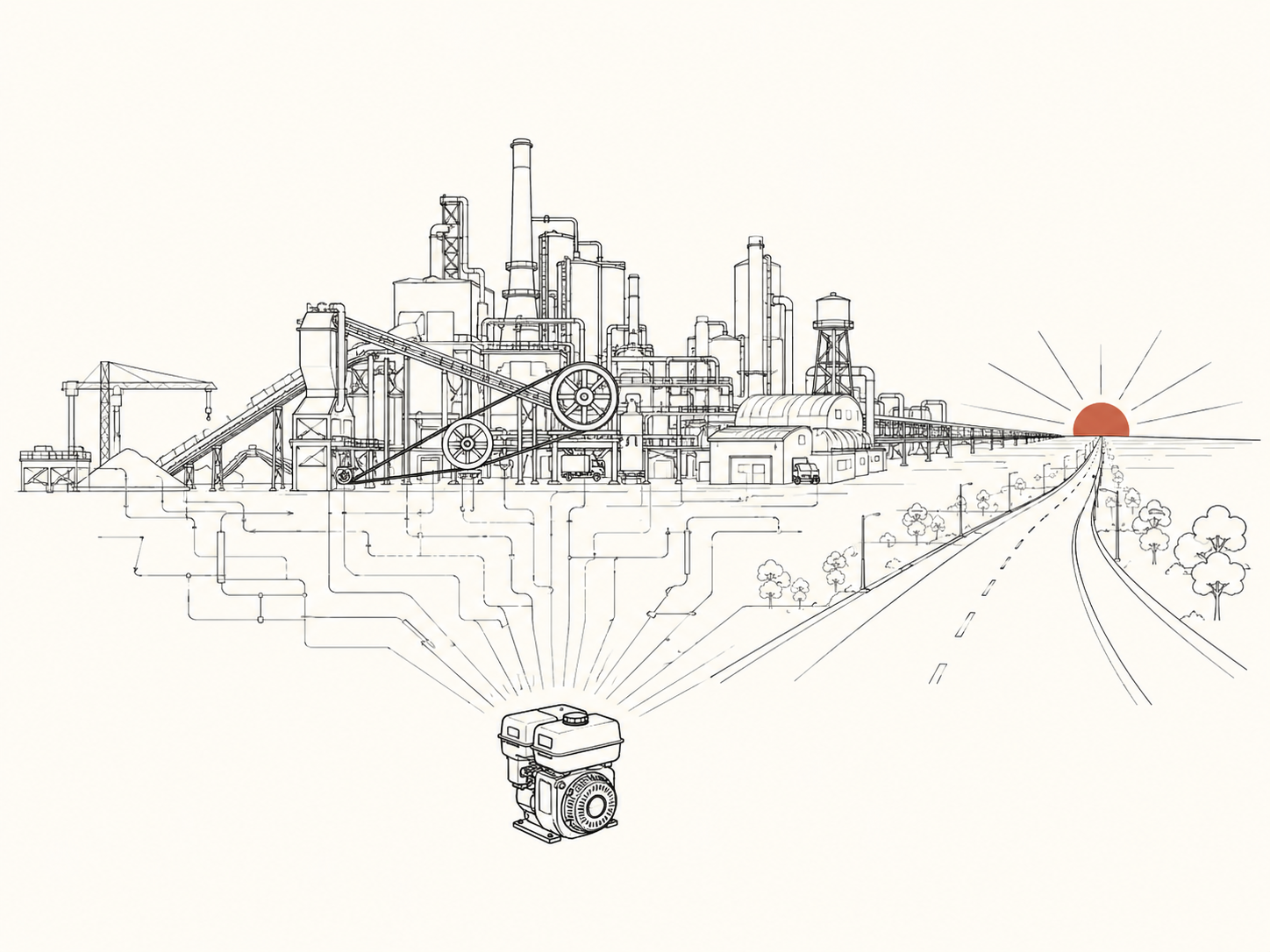 A small ordinary engine surrounded by a large factory system and a road toward the horizon