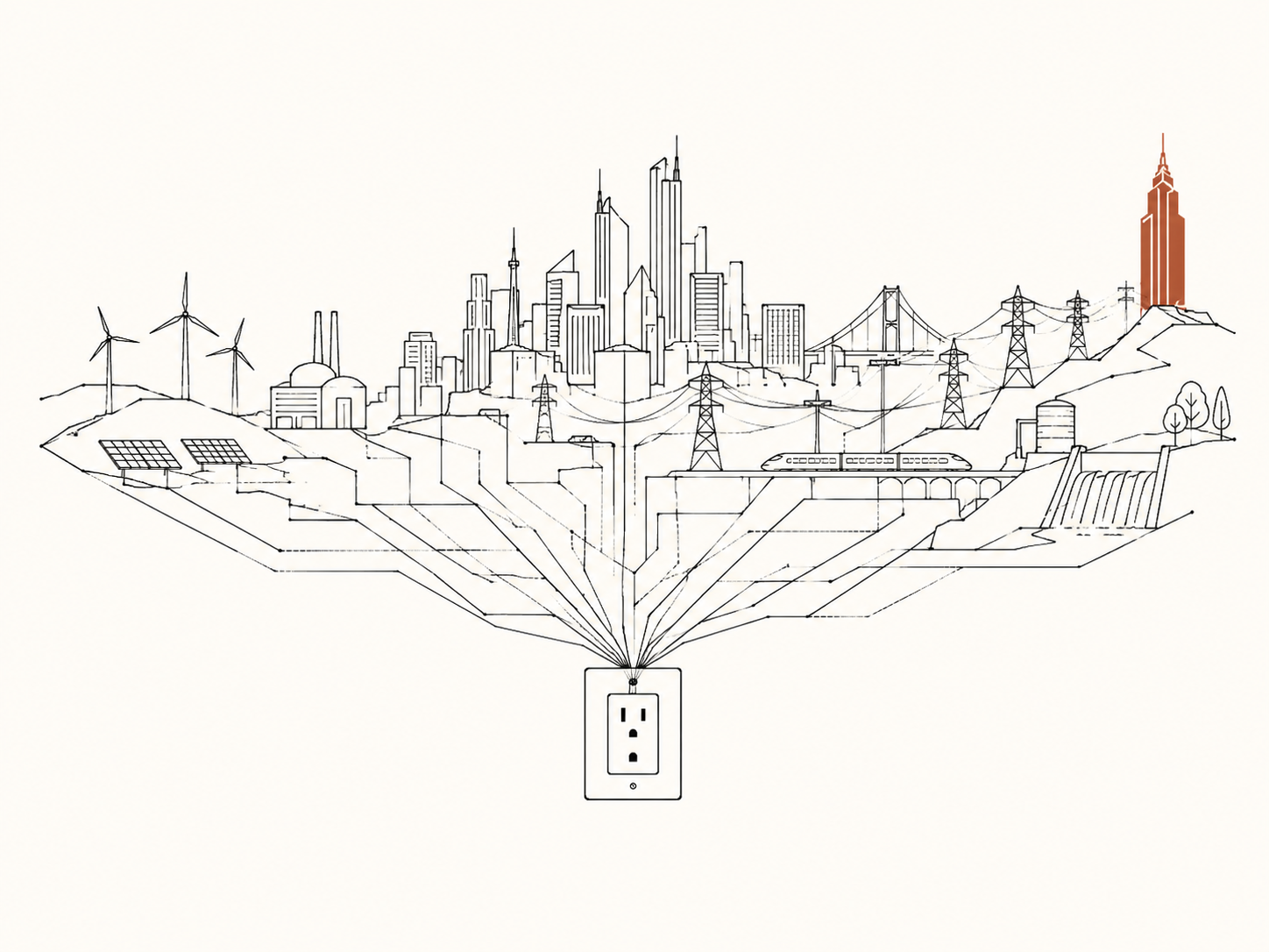 An ordinary wall outlet with blueprint lines expanding into a city and its power grid