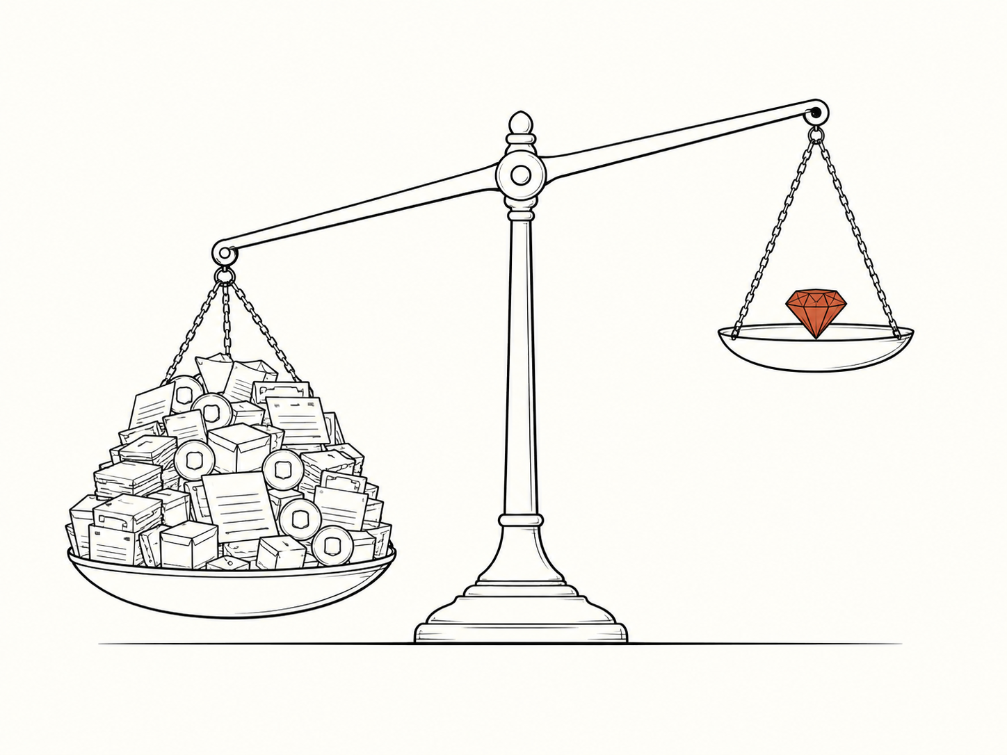 A scale with a heap of identical cheap artifacts weighing down one side and one rare object raised on the other