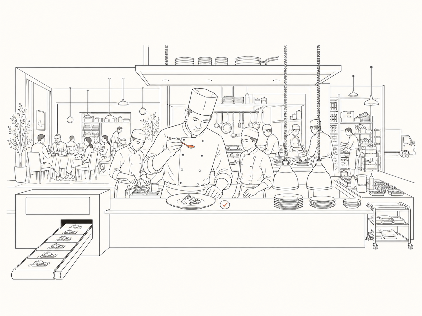A professional kitchen line where a machine prepares dishes, a chef checks quality, and a full system operates around them