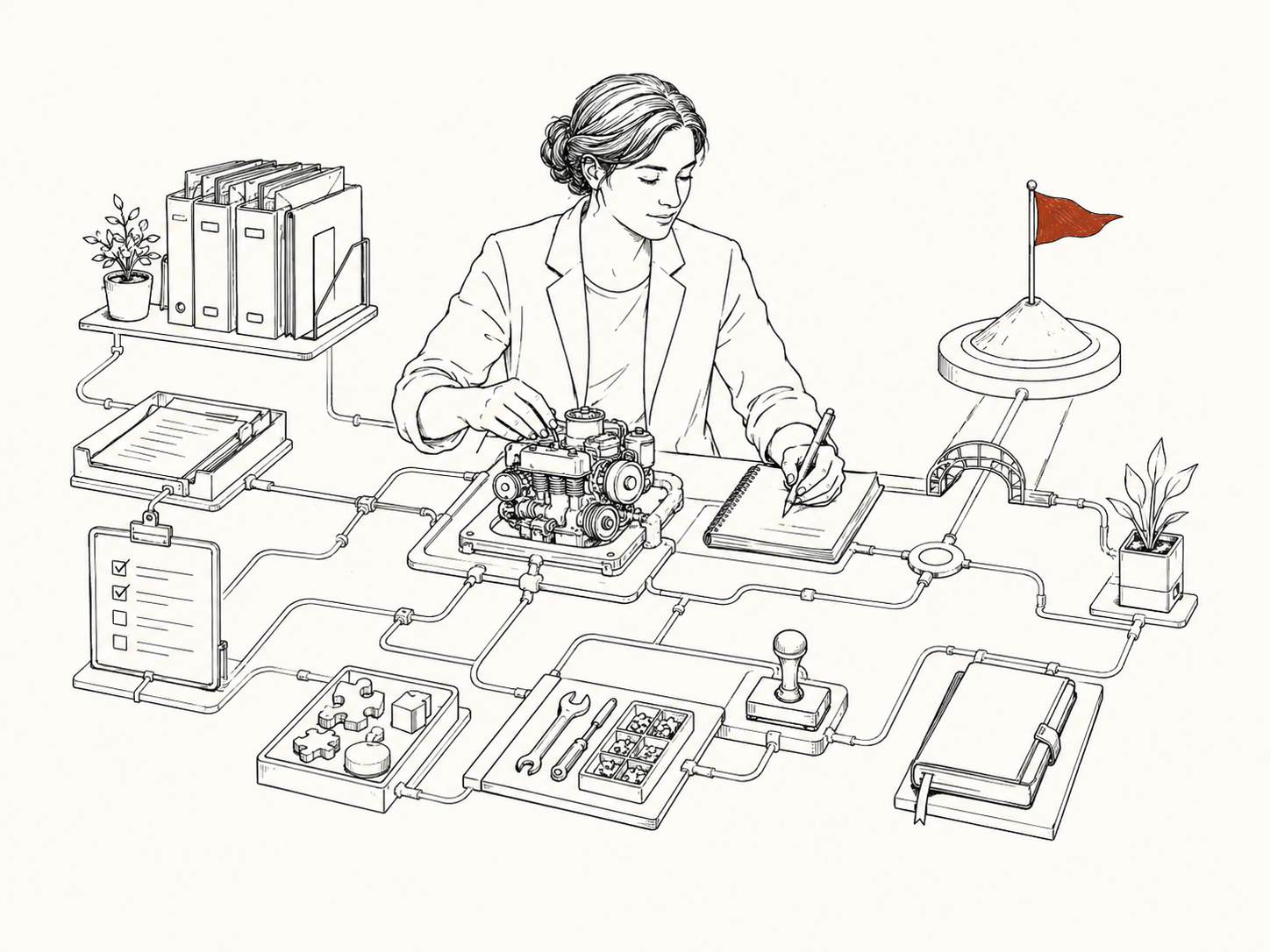 A person at a desk building a system around an AI engine with context, a checklist, tools, memory, verification, and a goal