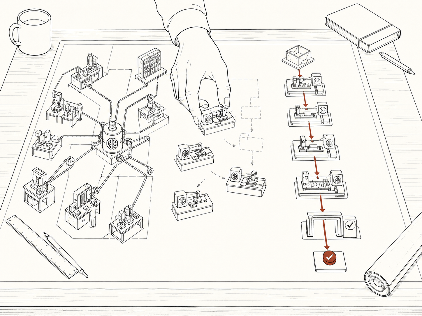 A factory plan with an old central shaft and a redesigned line that uses small motors and outcome checks