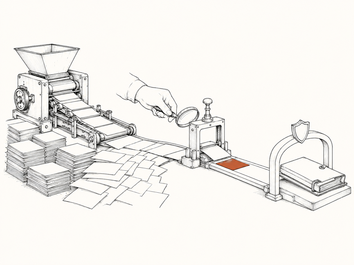 A production line where a stream of documents becomes a verified customer outcome