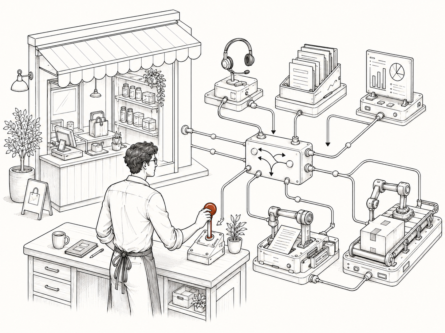 A small business owner manages a staff of agents while leads, payments, and support move through one shared operating loop