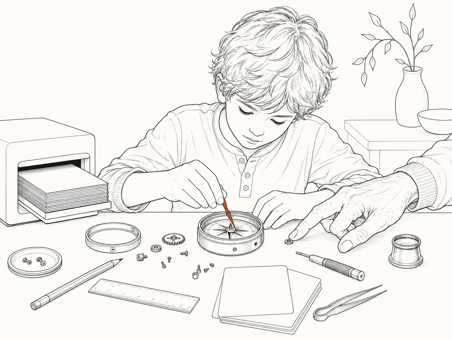 A child builds a compass from parts beside an adult mentor and the soft outline of an AI assistant