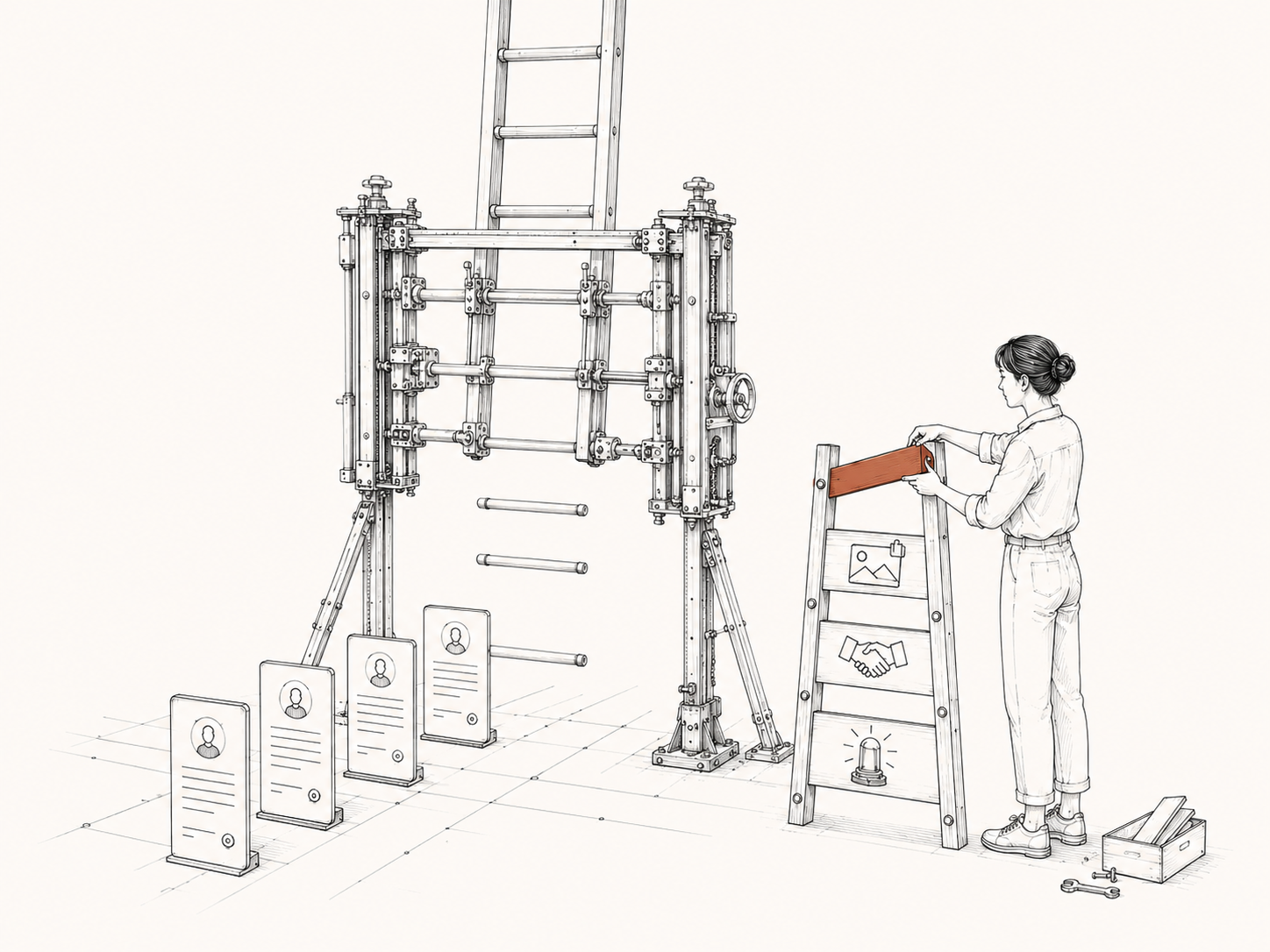 A platform mechanism holds part of a career ladder while a person builds their own steps from outcomes, relationships, and reputation