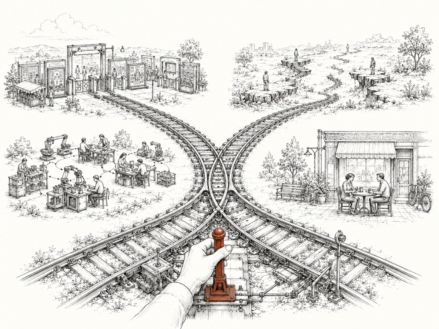 Four roads to the future split from one switch on the rails of cheap intelligence